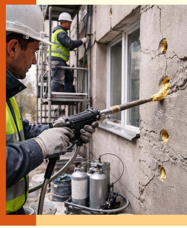 Заполнение пустот в фасаде и утепление стен в слободском